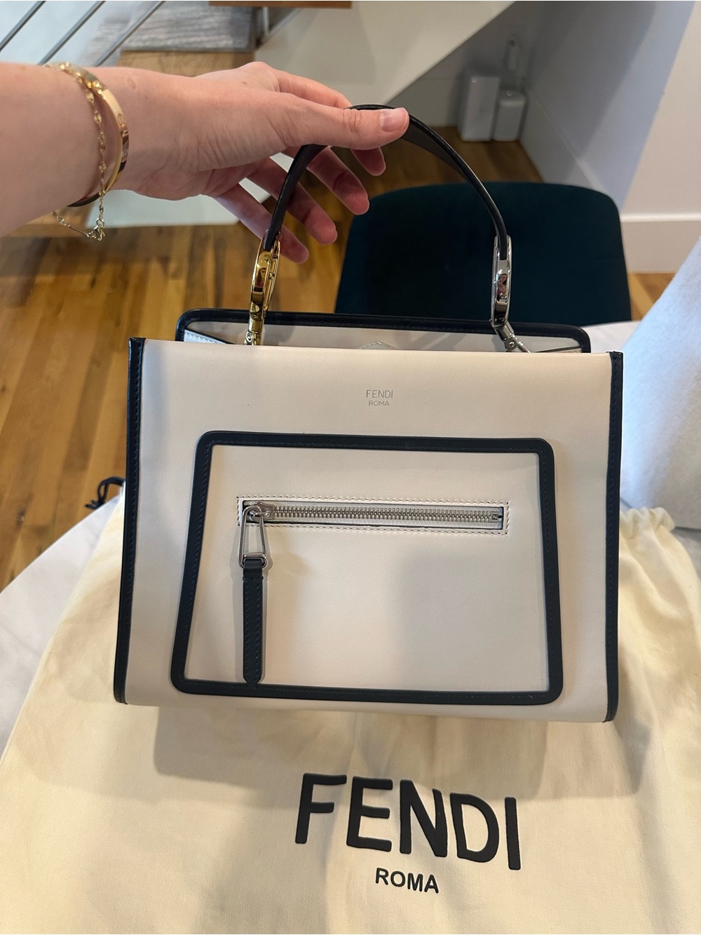 Fendi Small Runaway Bag – Vitello Century Leather – Ivory/Black – Gold/Silver